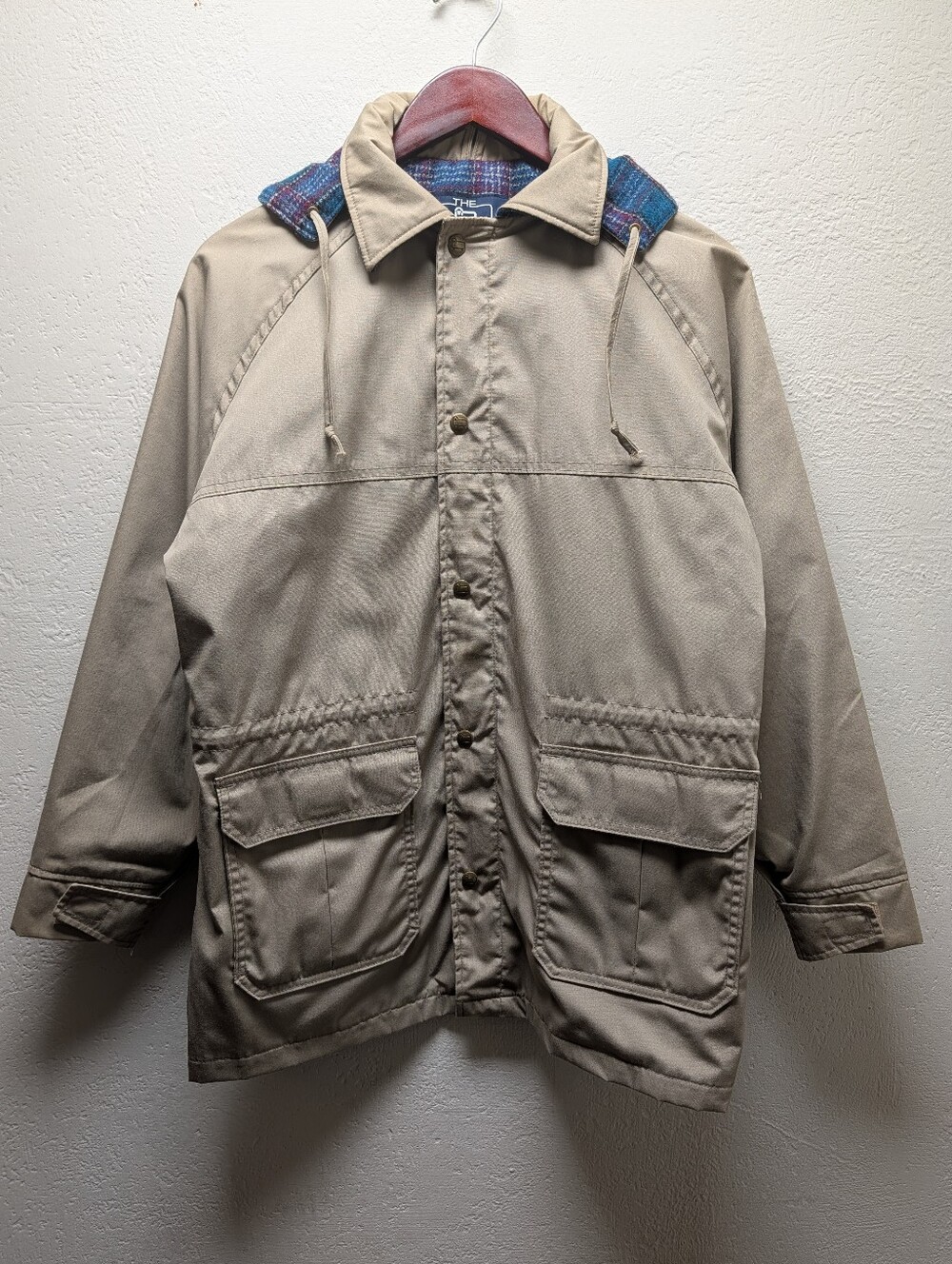 Vtg Woolrich Woman Mountain Parka Jacket Tan Plaid Blanket Lined Hooded Sz Lg